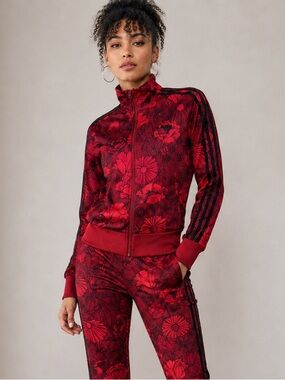Adidas Originals Floral Track Jacket Red Black Trefoil Full Zip Size S